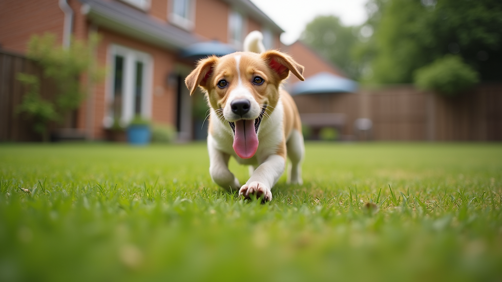 Eye-level view of a dog playing in a clean yard