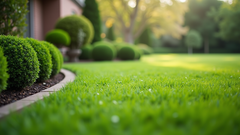 Eye-level view of a fresh lawn with trimmed shrubs