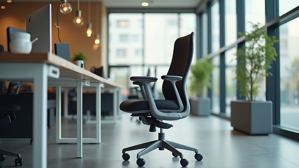 eye-level view of modern office desk with ergonomic chair