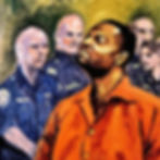 Man in an orange jumpsuit looks up defiantly as four police officers in blue uniforms watch with stern expressions. Background is muted.
