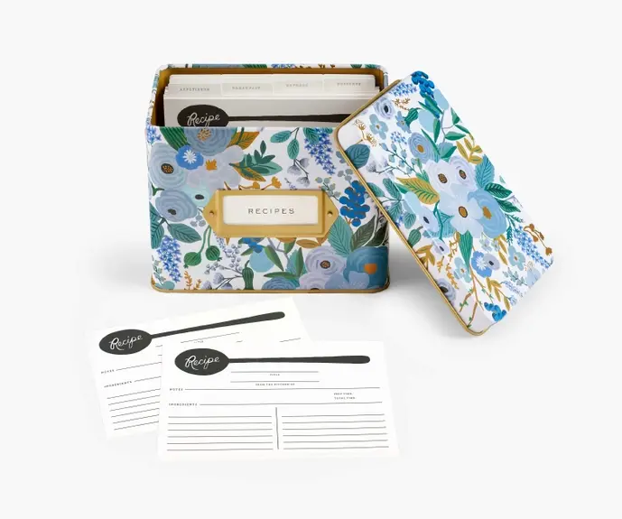 Garden Party Blue Tin Recipe Box