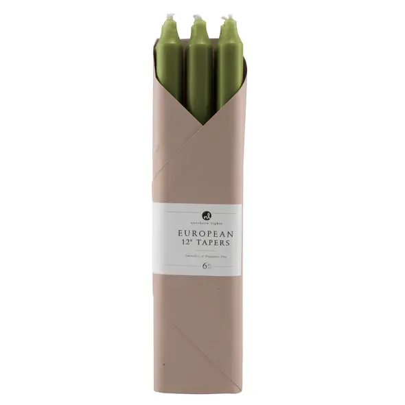 Moss Green 12" European Taper Candles - 6pc