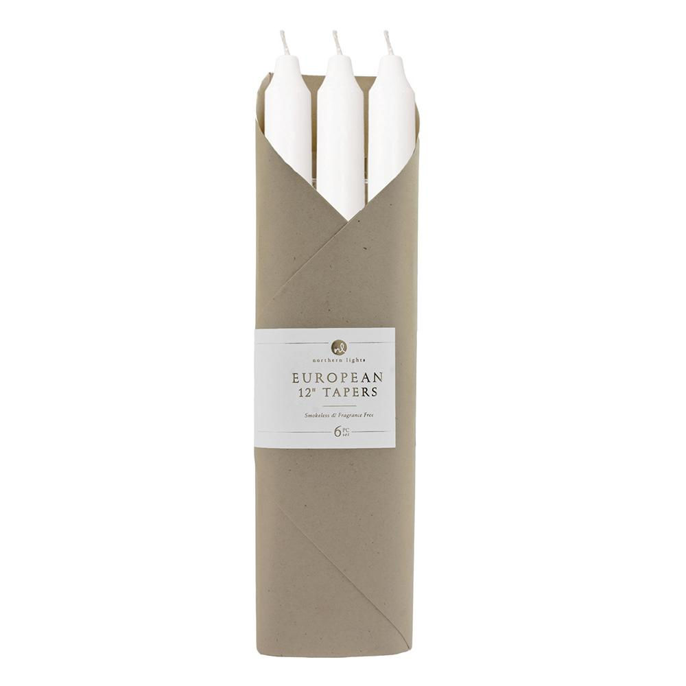 Pure White 12" European Taper Candles - 6pc