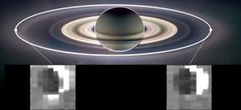 Enceladus has the most spray when it is farther away from Saturn in its orbit.