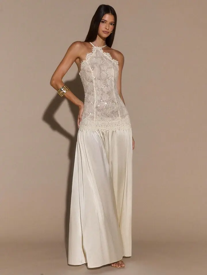 Thumbnail: Emiline Champagne Sequin Drop Waist Maxi Dress 