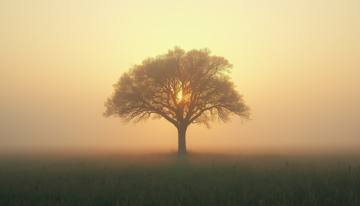Eye-level view of a solitary ancient tree standing in a misty field at dawn