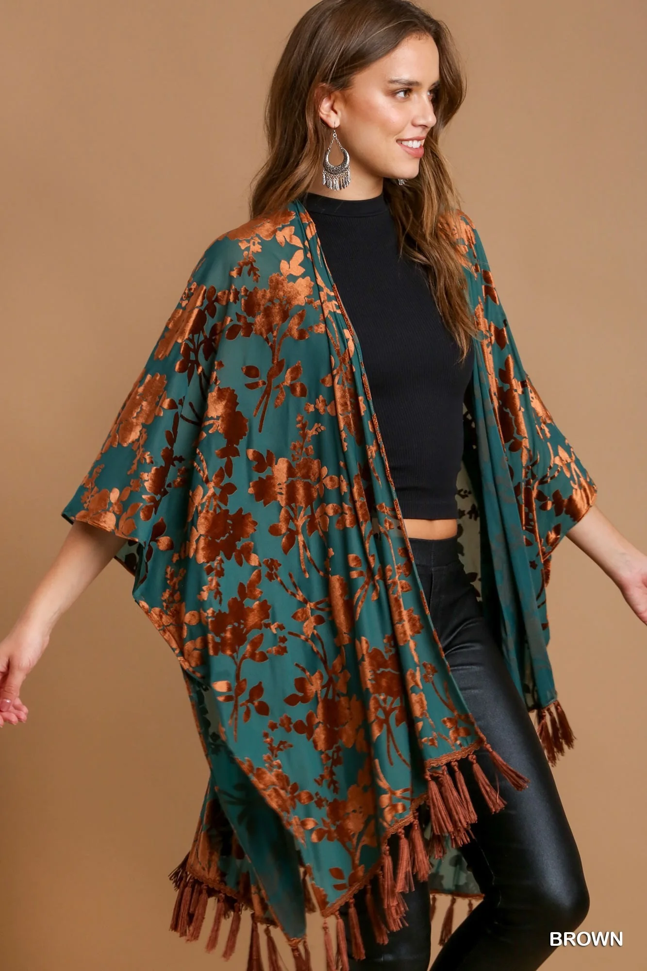 Umgee Floral Burnout Velvet with Tassel Fringe Kimono