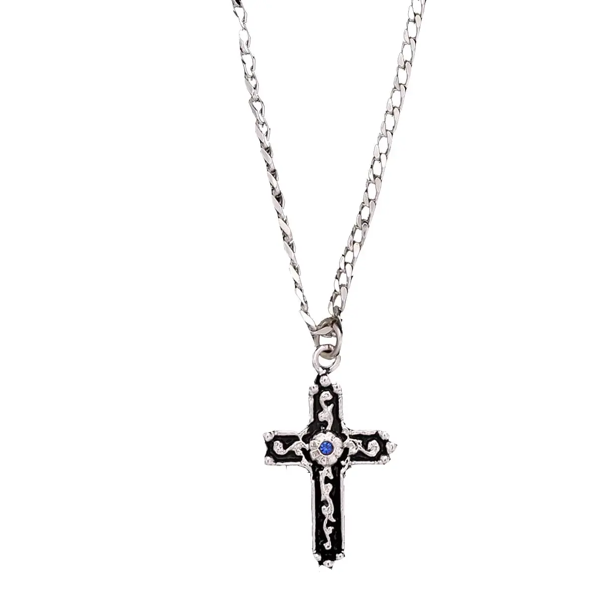 M & F WESTERN MEN'S SILVER CROSS BLUE STONE NECKLACE