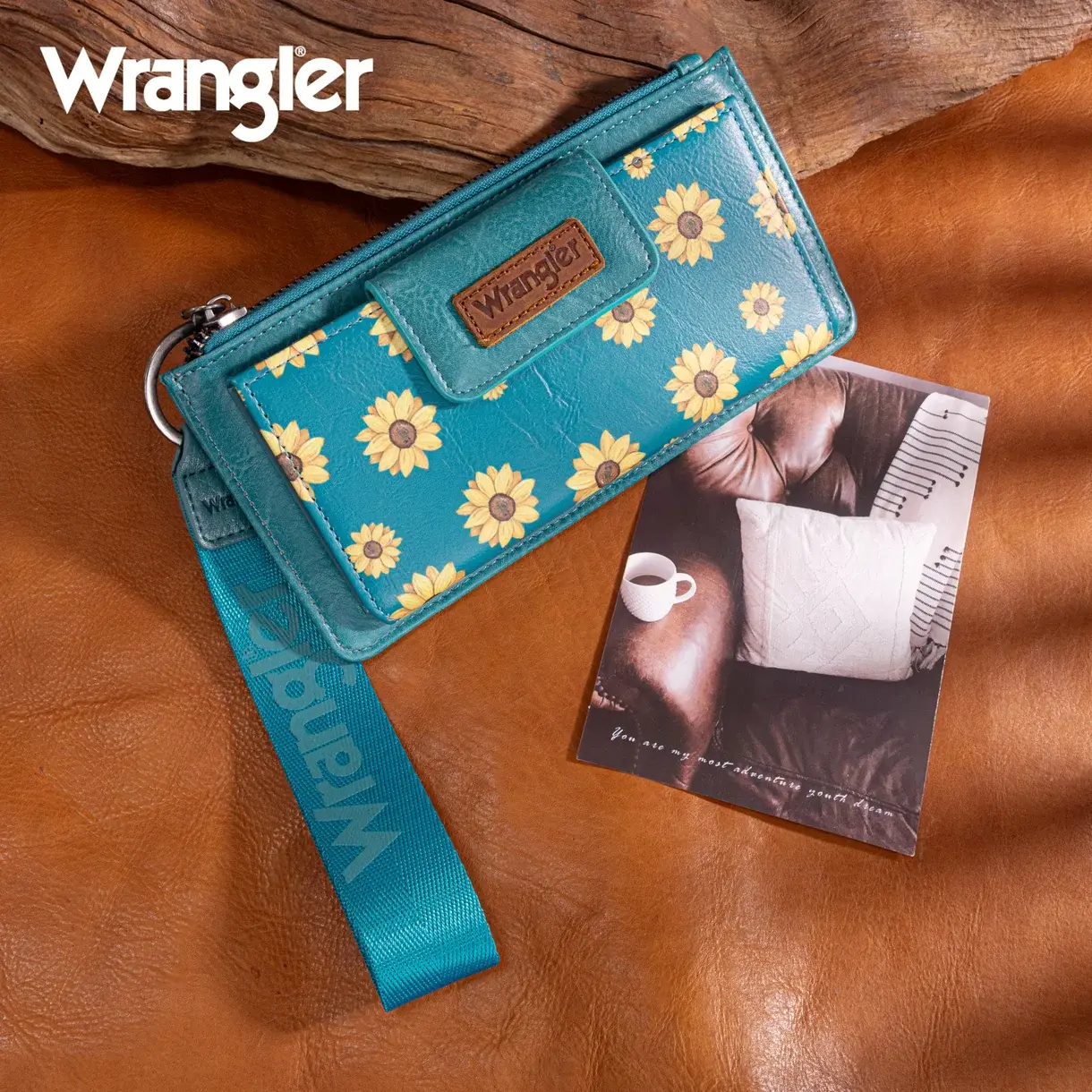 Wrangler Sunflower Print Card Wallet/Wristlet - Turquoise