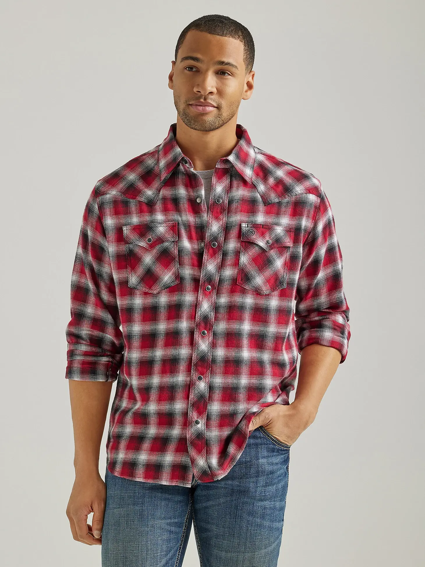 Men's Wrangler Retro® Long Sleeve Flannel Western Snap Plaid Shirt in Stormy Re