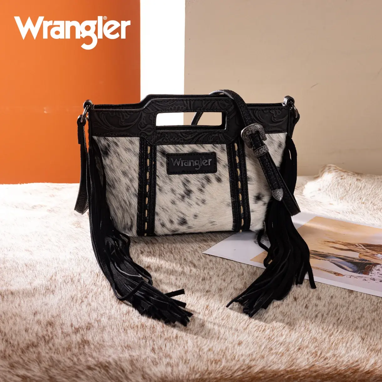 Wrangler Genuine Cowhide Top Handle Fringe Crossbody - Black