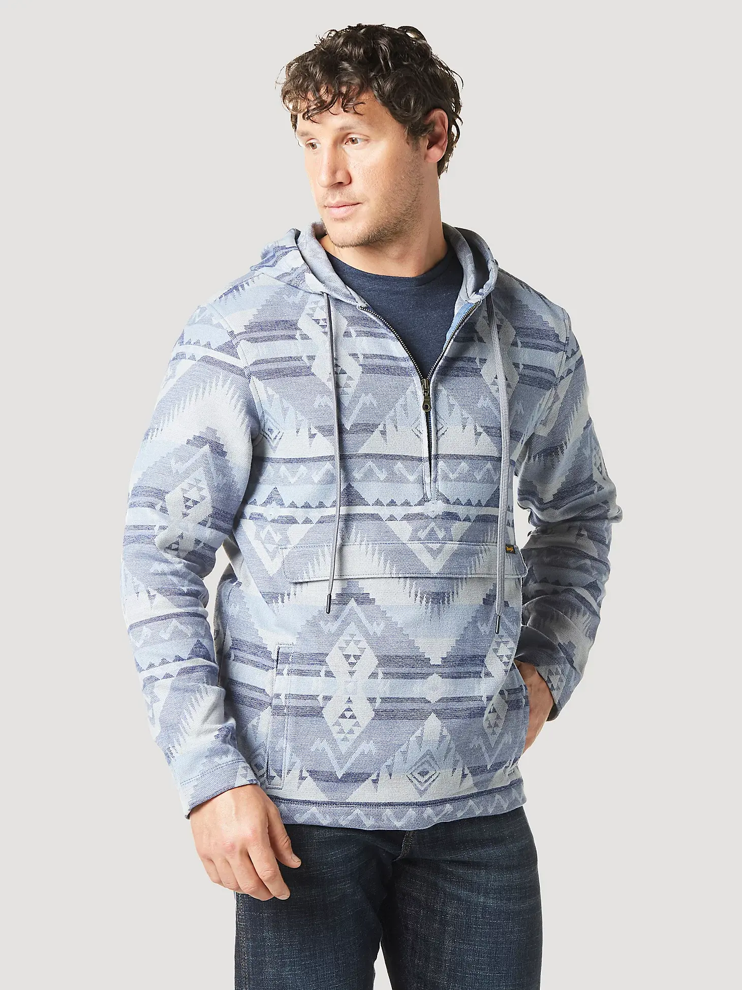 MEN'S JACQUARD QUARTER ZIP HOODED POPOVER JACKET IN OCEAN CAVERN
