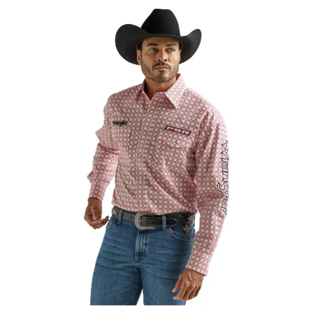 Wrangler PBR Men's Long Sleeve Logo Shirt-Red & White