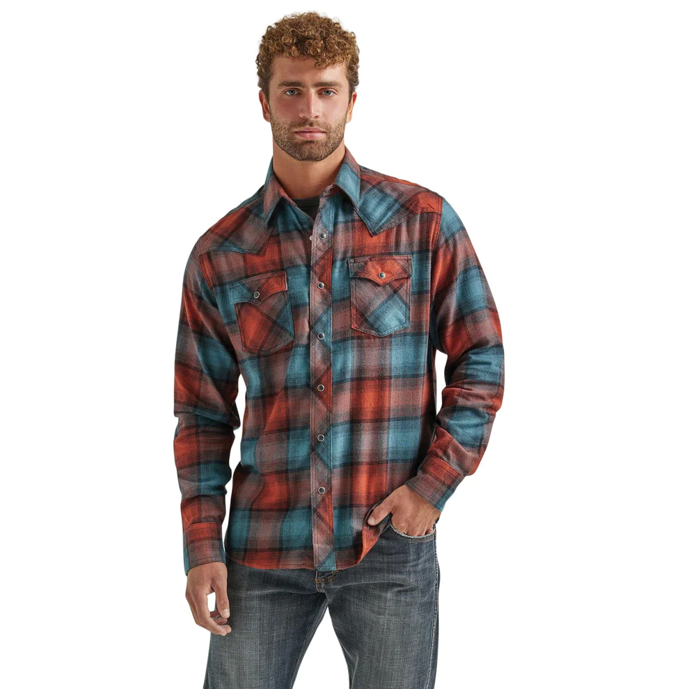 Men's Wrangler PBR Long Sleeve Print Western Snap Shirt-Red Diamond