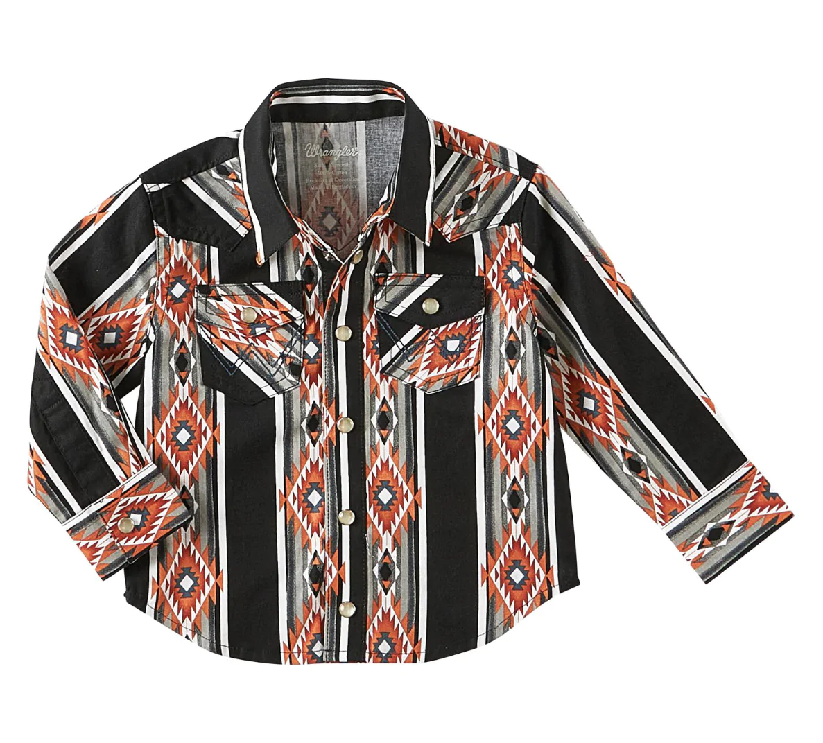 Wrangler Boys Checotah Black with Orange Aztec Print Long Sleeve Western Shirt