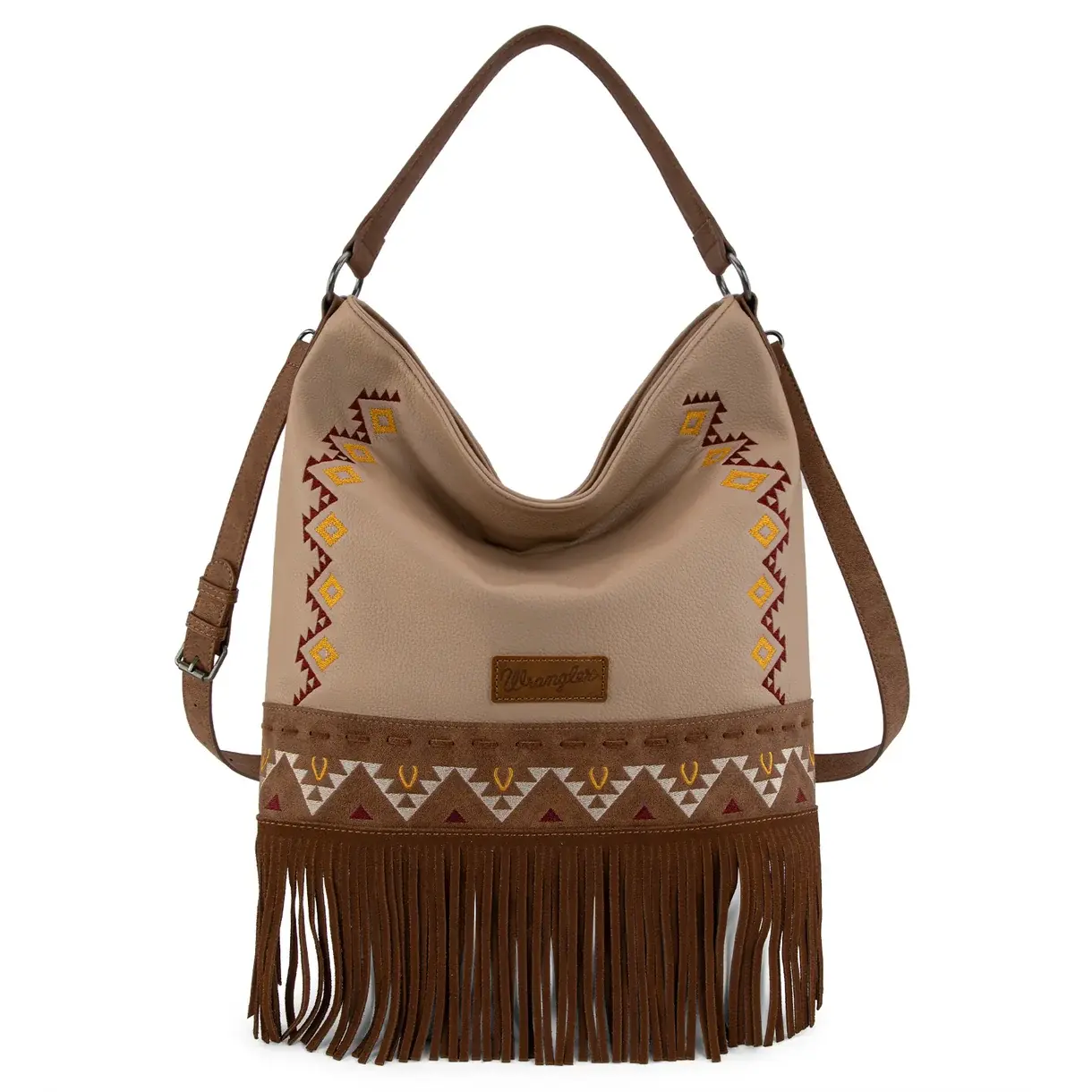 Wrangler Aztec Embroidered Fringe Large Hobo/CrossbodyBag - Tan