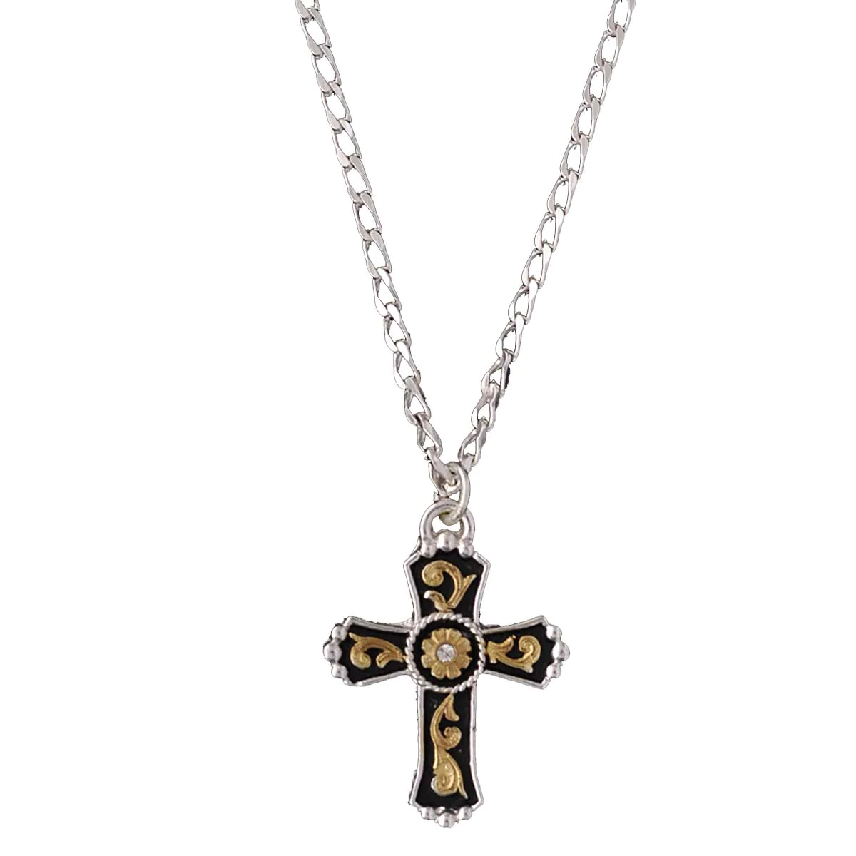 M & F WESTERN SILVER GOLD CLEAR CRYSTAL CROSS NECKLACE