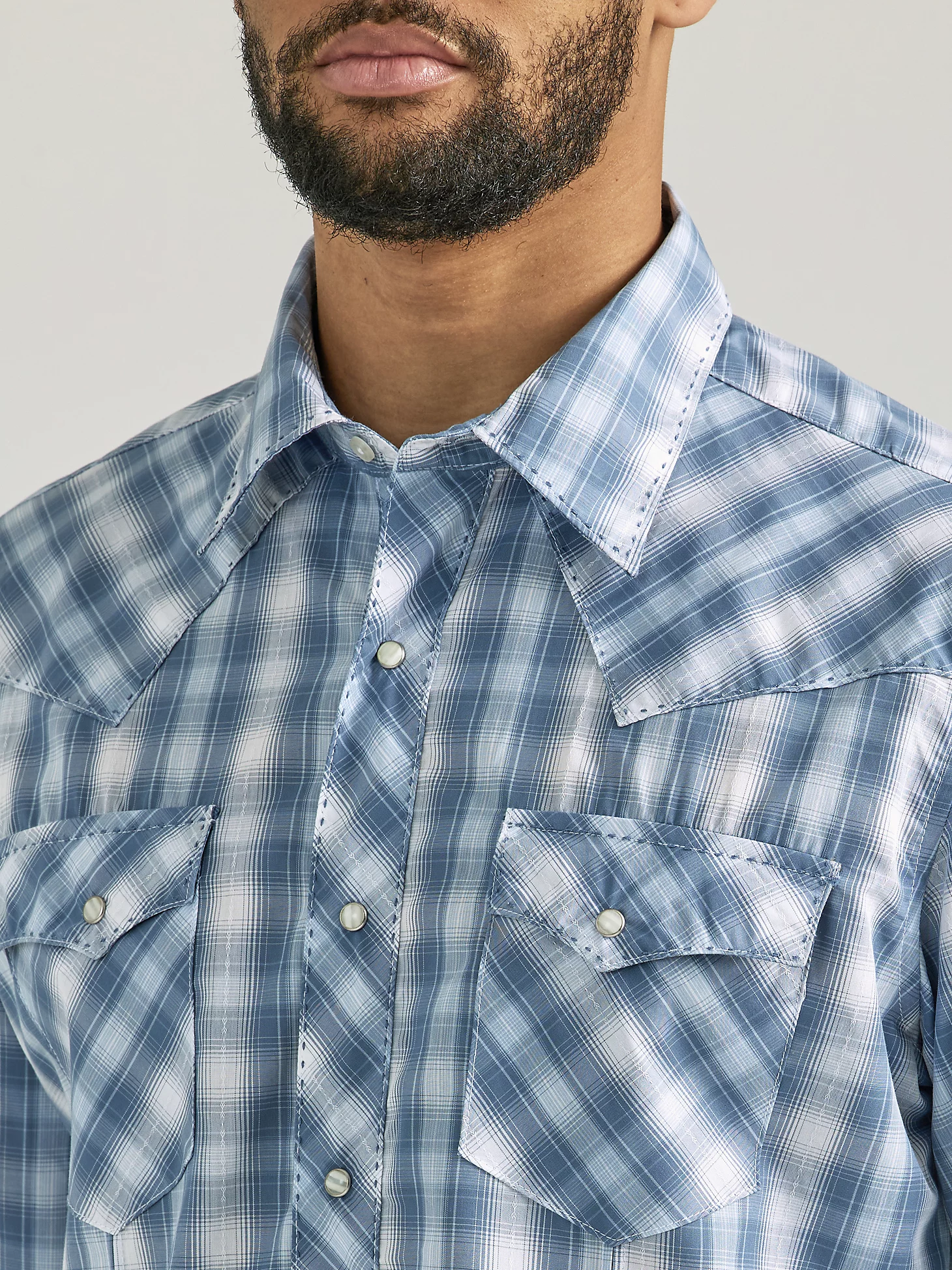WRANGLER MENS SNAP PLAID SHIRT IN BABY BLUE PLAID JRs Western Store