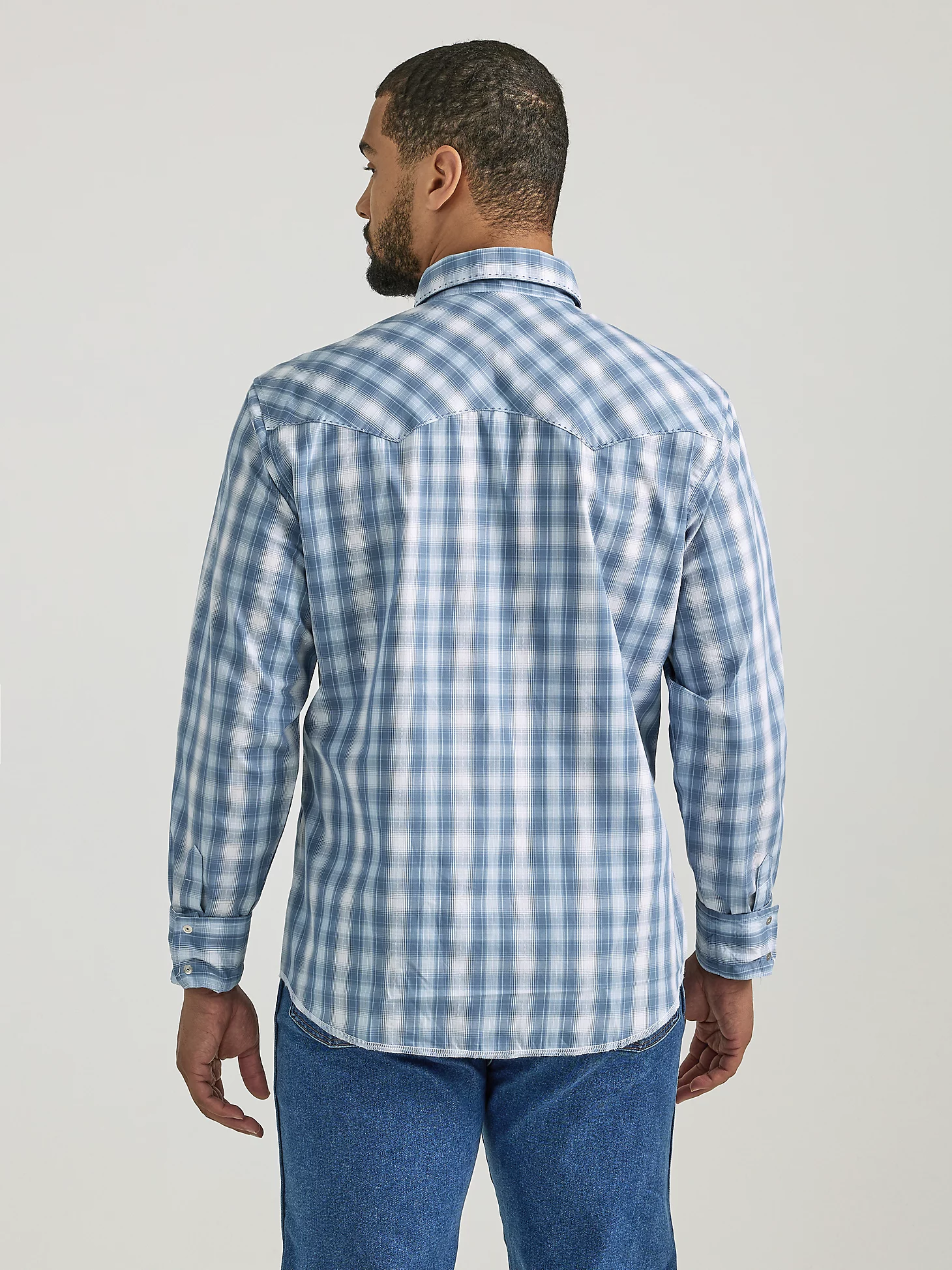 WRANGLER MENS SNAP PLAID SHIRT IN BABY BLUE PLAID JRs Western Store