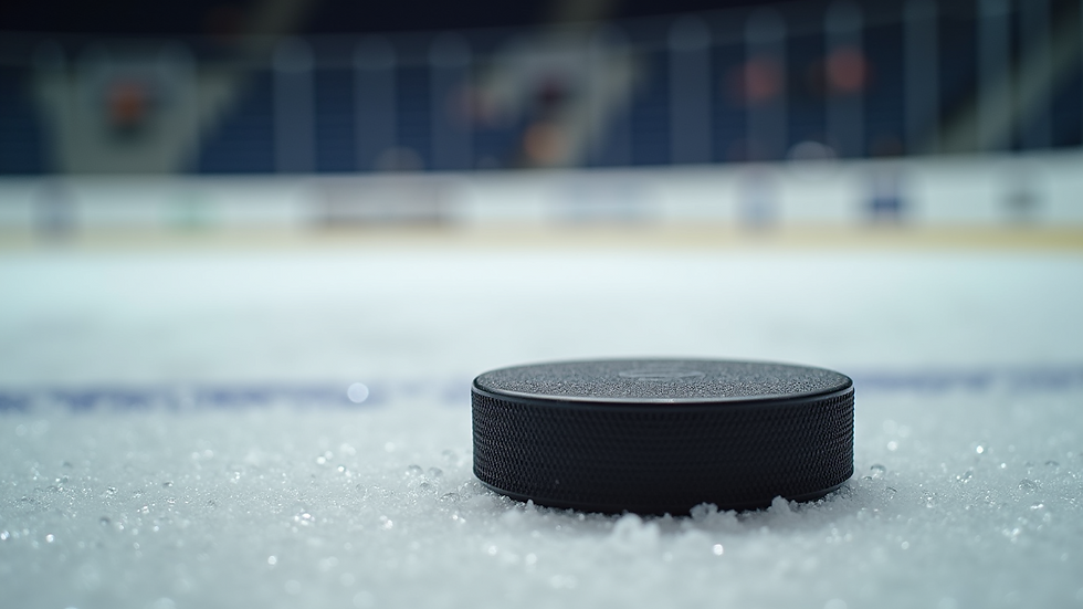 Close-up view of a hockey puck on the ice rink