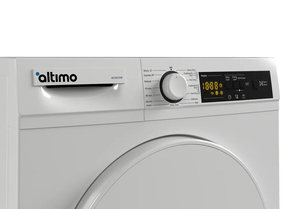 Thumbnail: front of white Altimo tumble dryer close up of display panel
