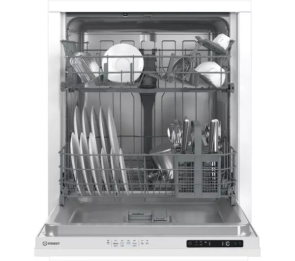 picture of an fully open built in indesit dishwasher with a demonstrational white door and white display panelled