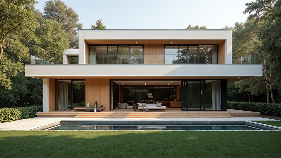 Modern two-story house with wooden accents, large windows, and patio doors open to a backyard with green lawn and pool, surrounded by trees.