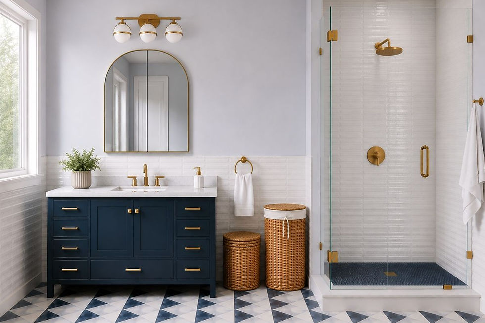 Elegant bathroom with navy vanity, gold fixtures, arched mirror, wicker hampers, and glass shower; calm, bright, modern.