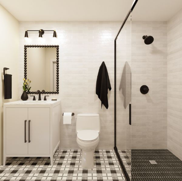 Close-up of brushed brass bathroom hardware