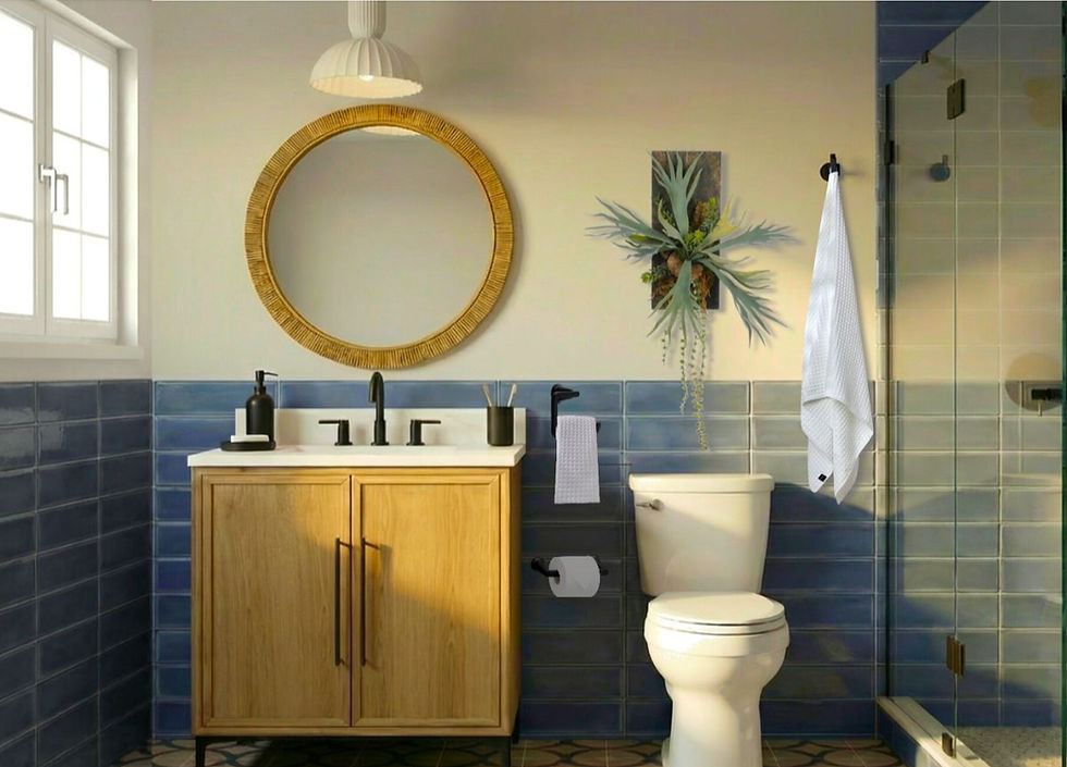 Bathroom with a round mirror above a wood vanity, blue tiles, toilet, shower, and a plant wall decor. Bright and clean ambiance.