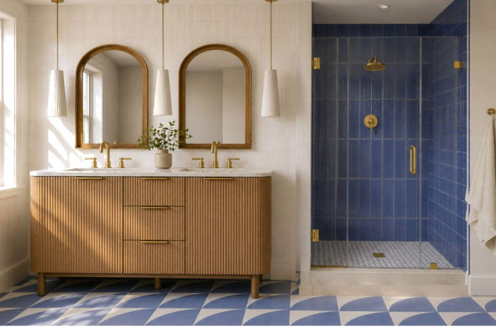 Stylish bathroom with wood double vanity, arched mirrors, blue-tiled shower, and geometric blue-and-white floor tiles.