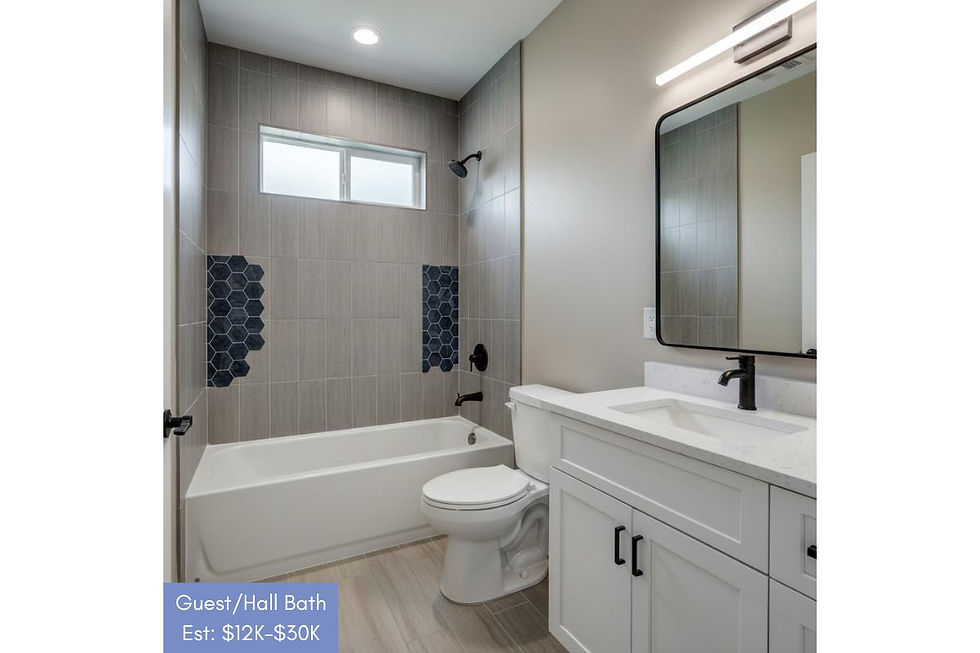 Modern bathroom with gray tiles, a white bathtub, and vanity. Notable blue hexagonal tile accents. Text reads "Guest/Hall Bath Est: $12K-$30K." Simple and clean design.
