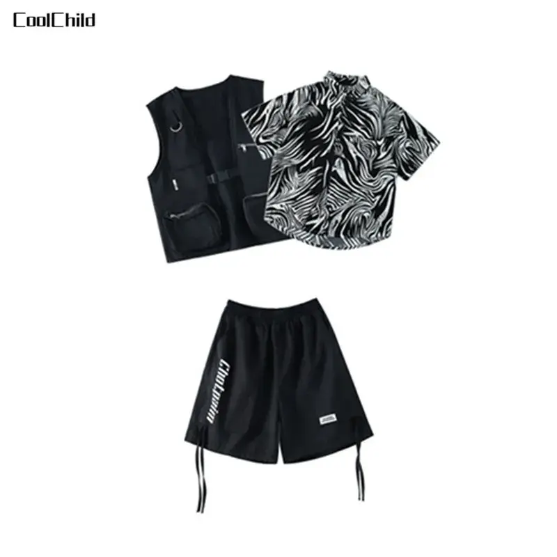Thumbnail: Hip Hop Girls Vest Loose Cargo Pants Boys Cool Striped Shirt Street Dance Shorts