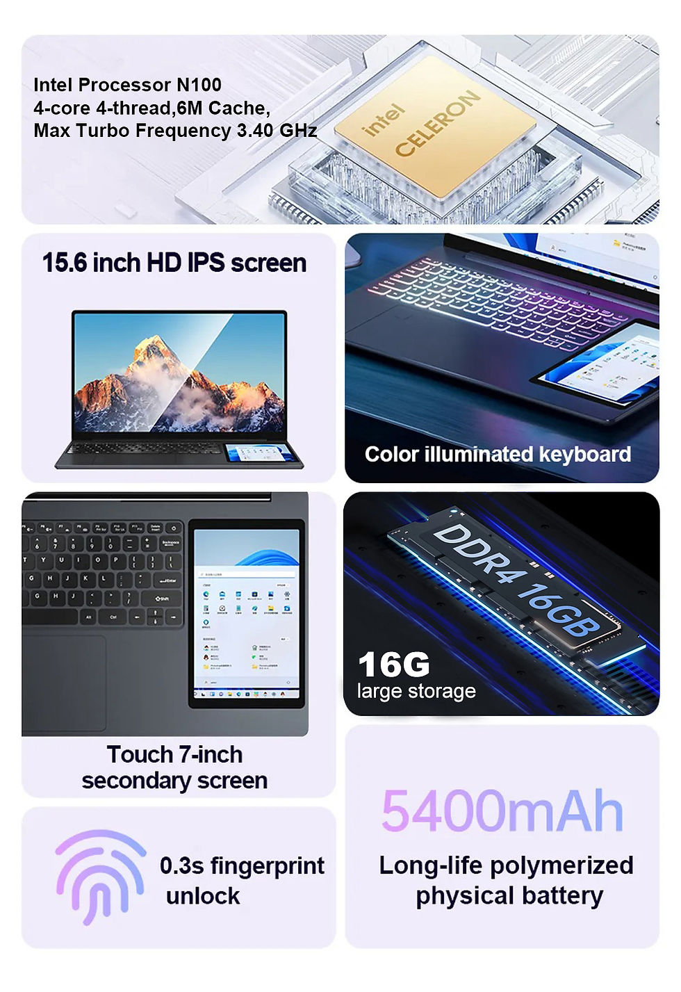 Thumbnail: CRELANDER 15.6"+7" Dual Screen Laptop Intel N100 16GB DDR4 RGB Backlit Keyboard 