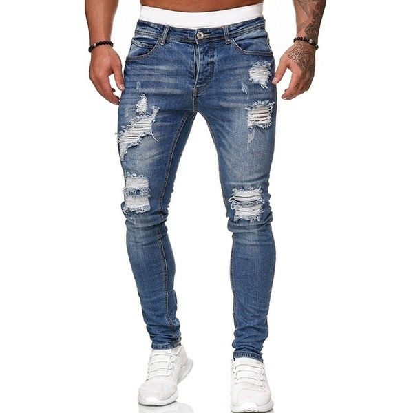 Thumbnail: New Streetwear Black Ripped Jeans Men Skinny Slim Fit Blue Hip Hop Denim Trouser