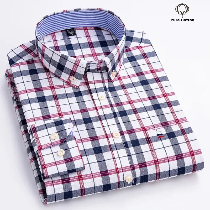Thumbnail: Men Oxford Fashion 100% Cotton  Long Sleeve Casual Slim Solid Color Plaid Print 