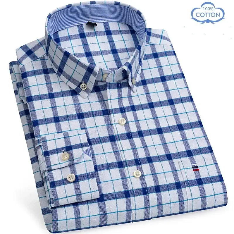 Thumbnail: Men Oxford Fashion 100% Cotton  Long Sleeve Casual Slim Solid Color Plaid Print 