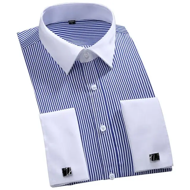 Thumbnail: 2024 Men's Classic French Cuffs Striped Dress Shirt Single Patch Pocket  Cufflin