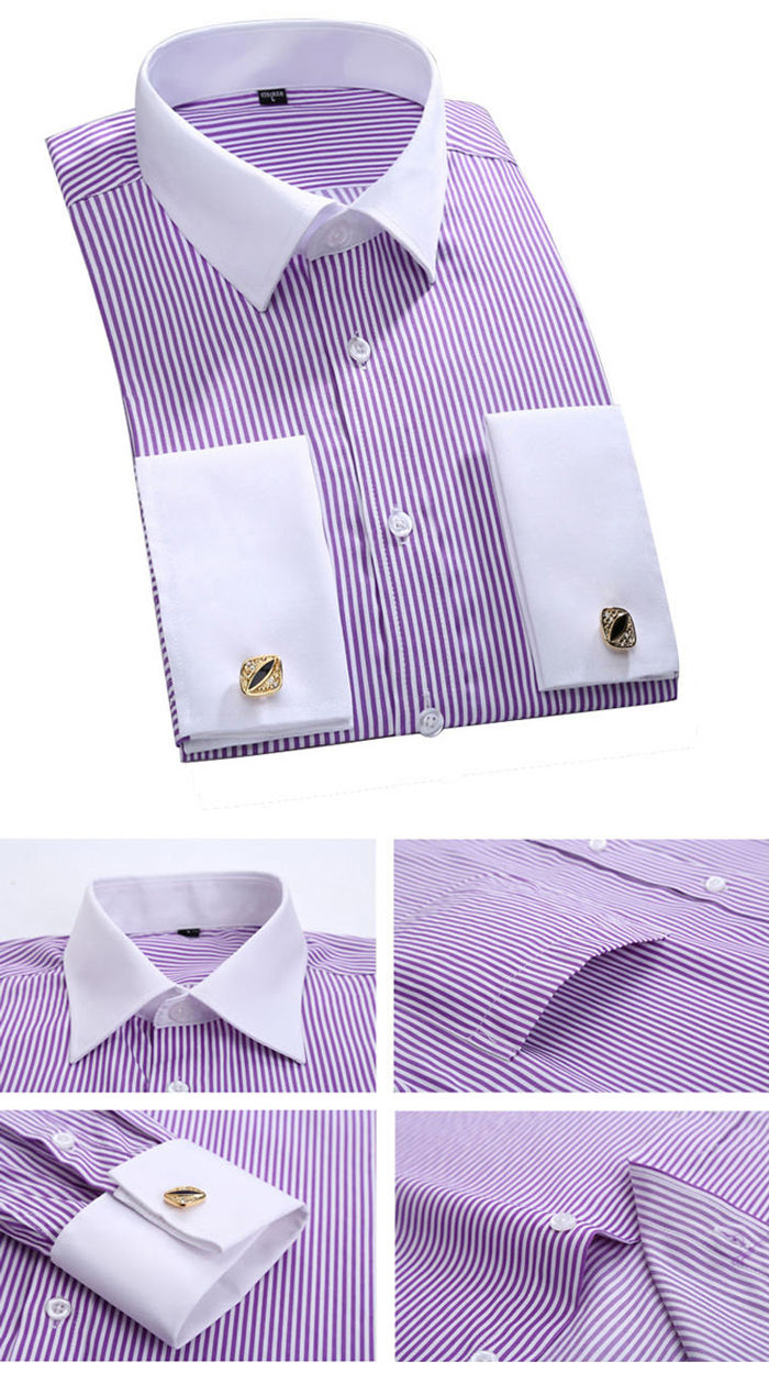 Thumbnail: 2024 Men's Classic French Cuffs Striped Dress Shirt Single Patch Pocket  Cufflin