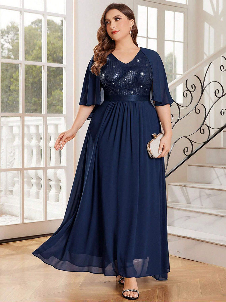 Thumbnail: Plus Size Chiffon Royal Blue Sequins Long Bridesmaid Banquet Evening Dress Elega