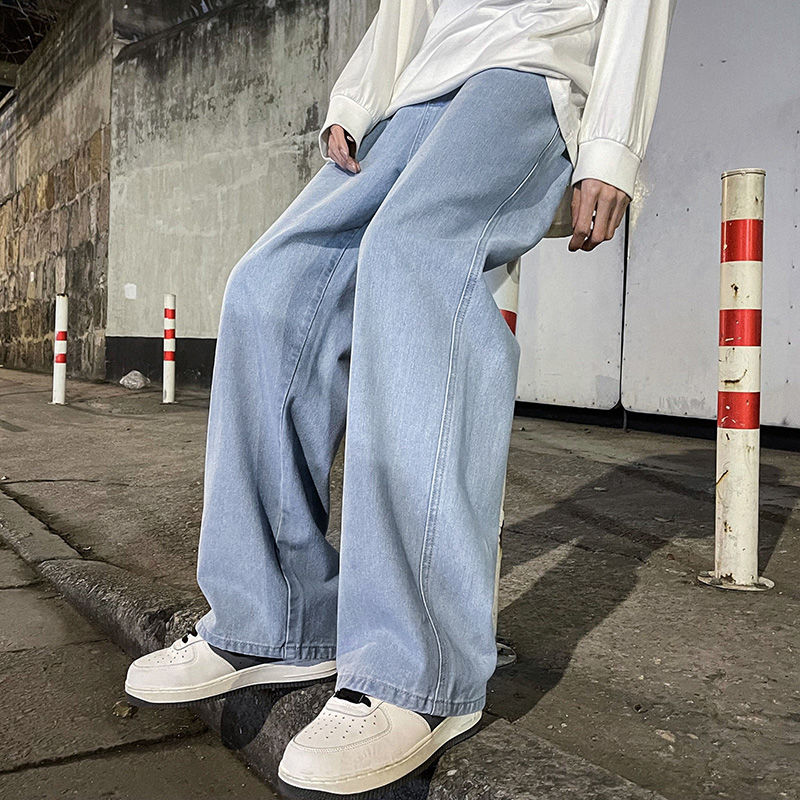 Thumbnail: Korean Fashion Men's Baggy Jeans Elastic Waist  Classic olid Color Straight-leg 