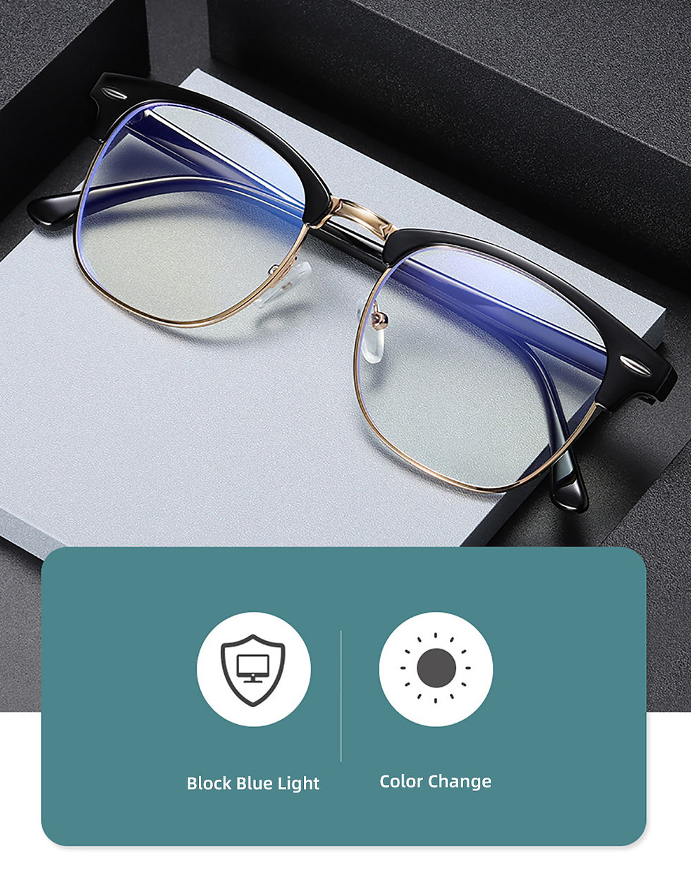 Thumbnail: Semi Rimless Photochromic Glasses Men Anti Blue Light Blocking Color Changing Ey