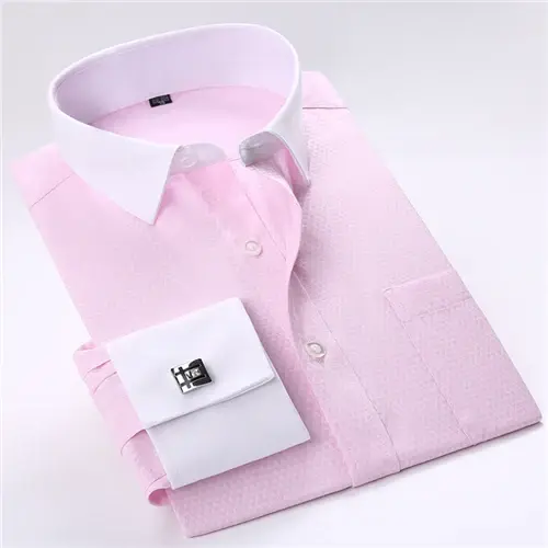 Thumbnail: Men's Business Contrast Collar French Cuff Dress Shirts Single Patch Pocket Regu