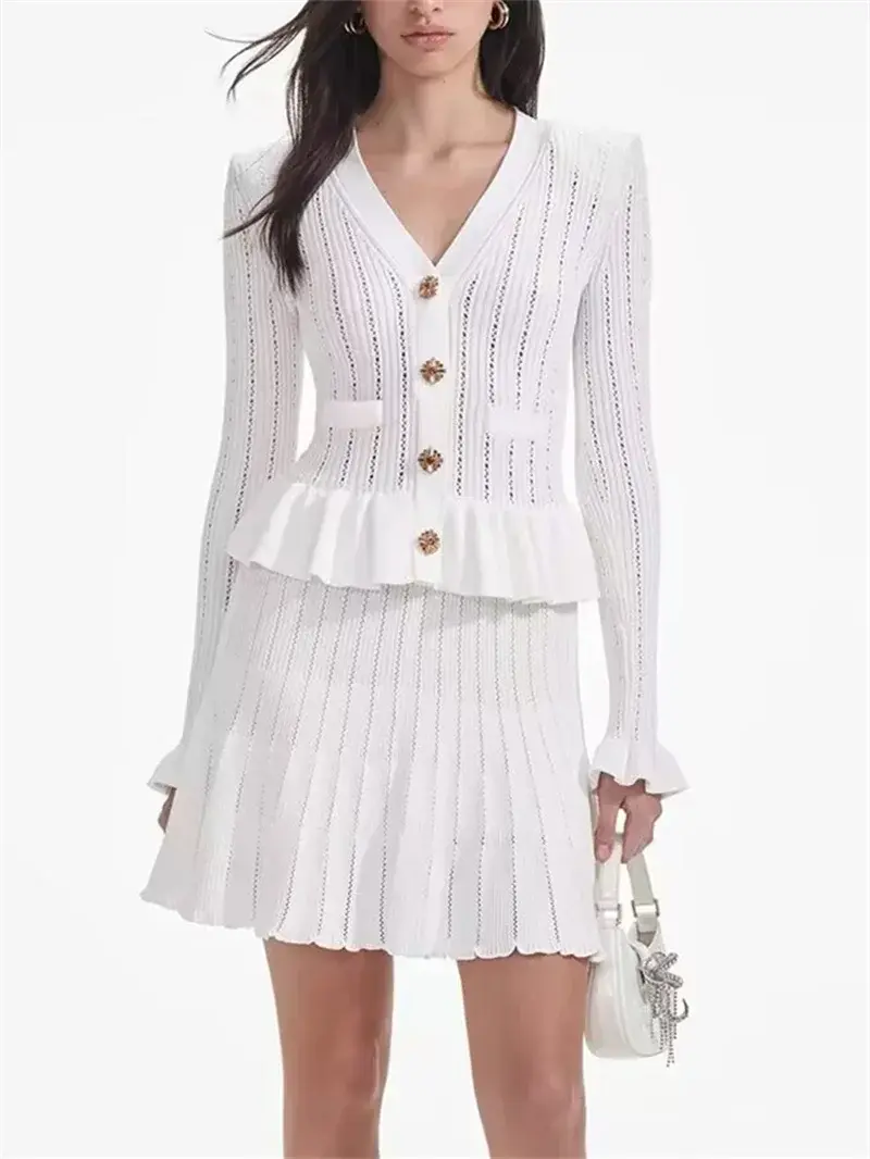 Thumbnail: 2024 Autumn Women's Knit White Dress Hollow out Ruffles Long Flared Sleeve V-nec