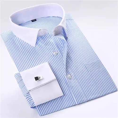 Thumbnail: Men's Business Contrast Collar French Cuff Dress Shirts Single Patch Pocket Regu