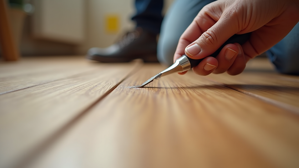 Eye-level view of a hardwood floor with a small scratch being repaired