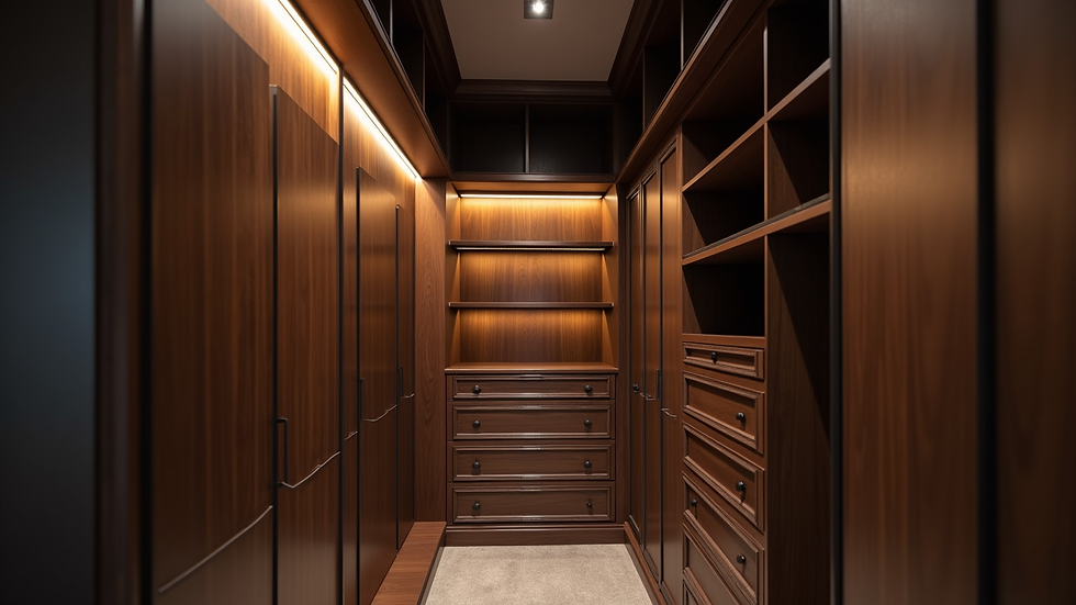 Close-up view of a custom closet with LED lighting and dark wood finishes
