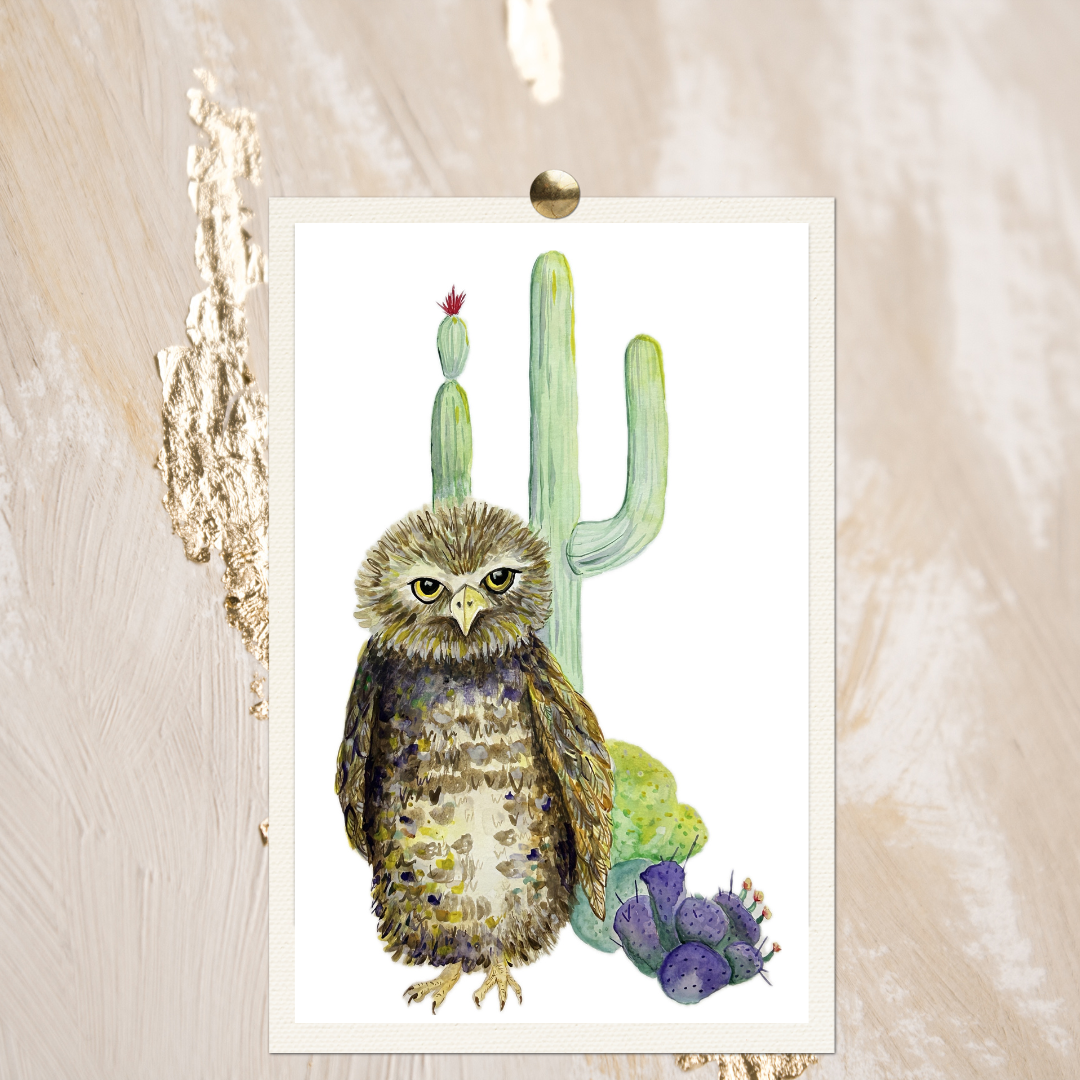 "Owl I need" Burrowing Owl Watercolor