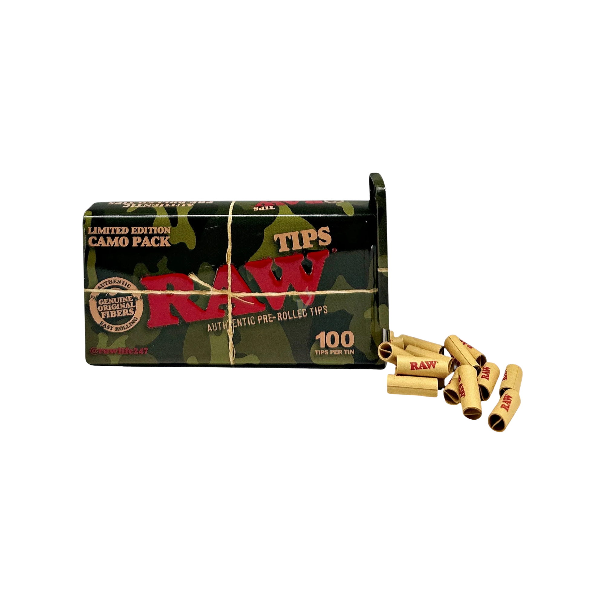 RAW Camo Tip Tin sideways with several pre-rolled tips displayed