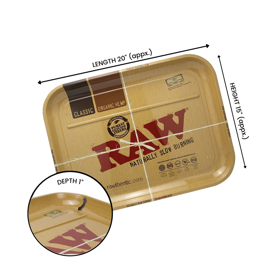 Thumbnail: RAW XXL rolling tray with dimensions labeled 20 inches by 15 inches